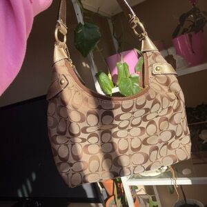 Vintage Coach Brown Signature Jacquard Tote with Gold Strap